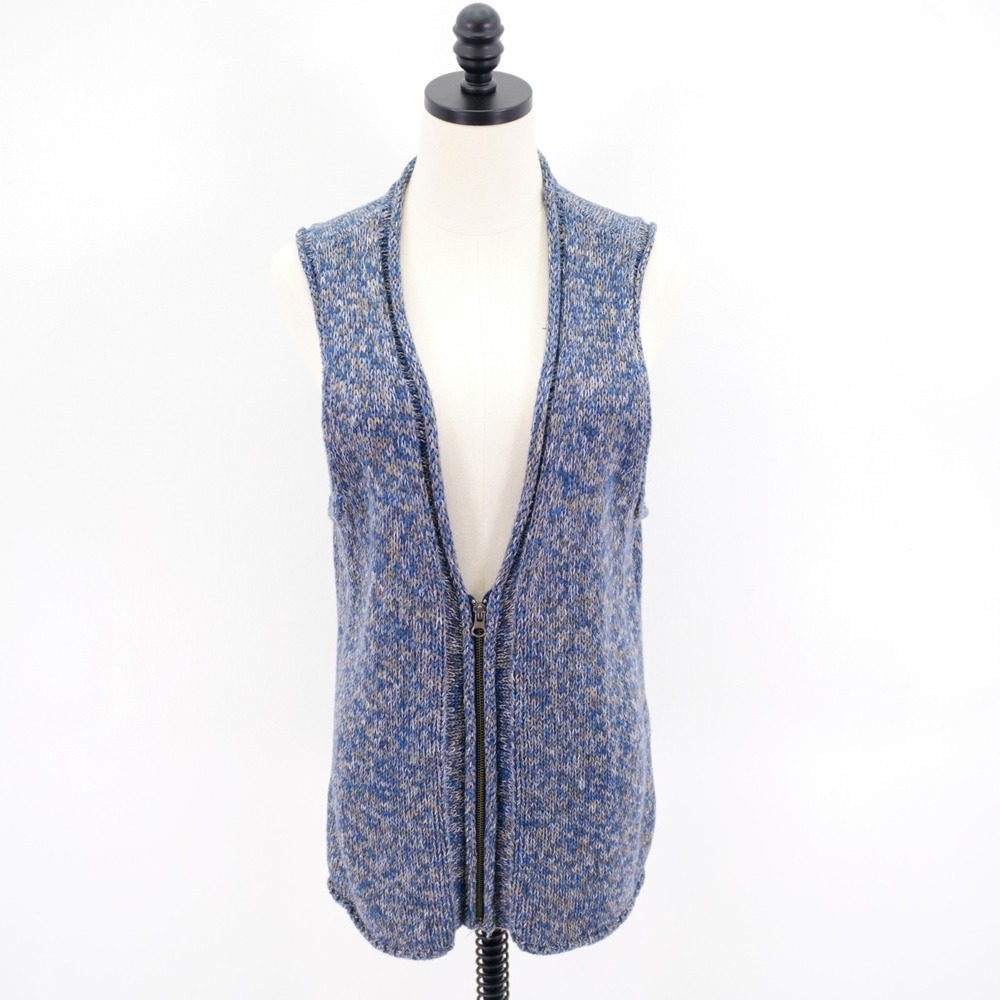 J. Jill Large Deep V-Neck Knit Crochet Brown Blue Sweater Vest Cotton